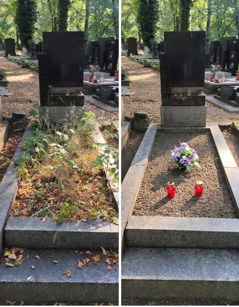 Odplevelení a úprava záhonu jednohrobu v Praze – před a po