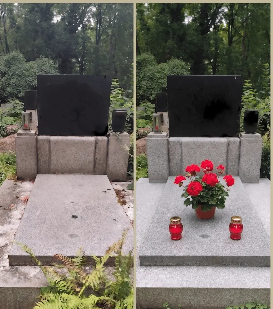 Vyčištění světlé krycí desky náhrobku v Praze – před a po