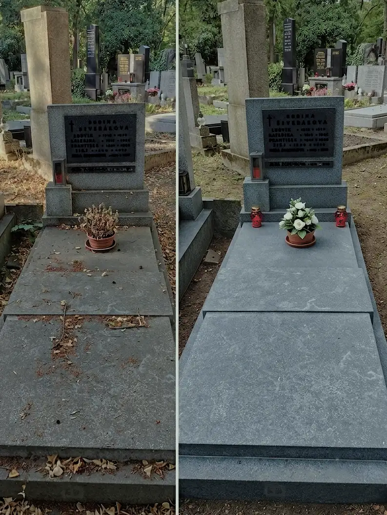 Důkladné mytí krycí desky jednohrobu v Praze – před a po