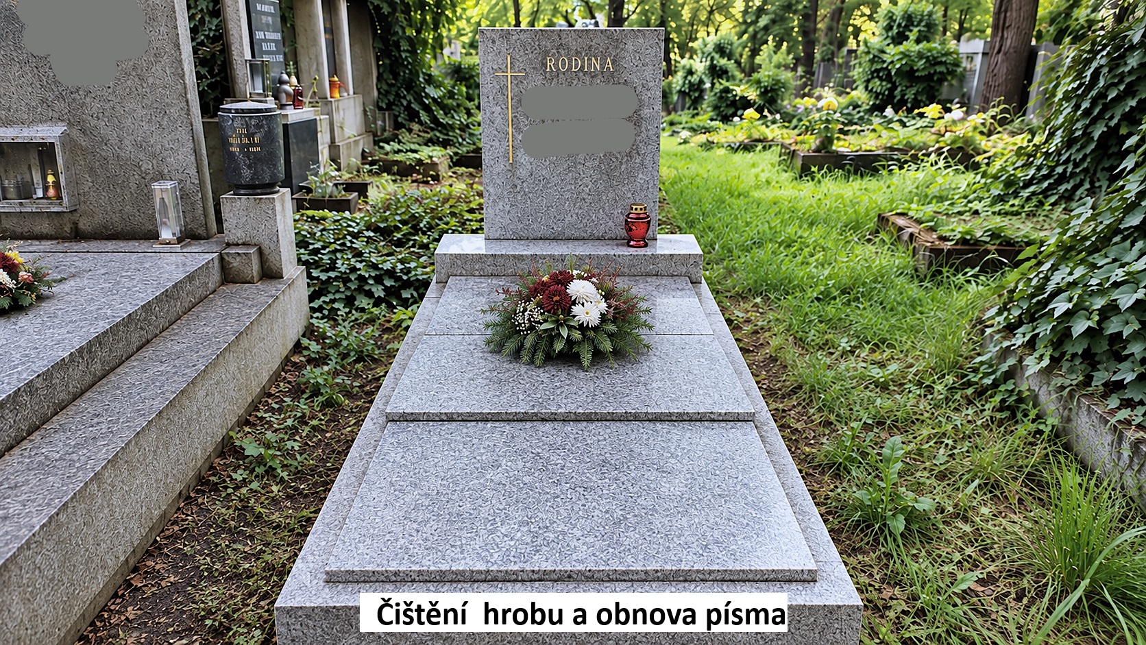 Čištění hrobu s obnovou písma na Olšanských hřbitovech v Praze