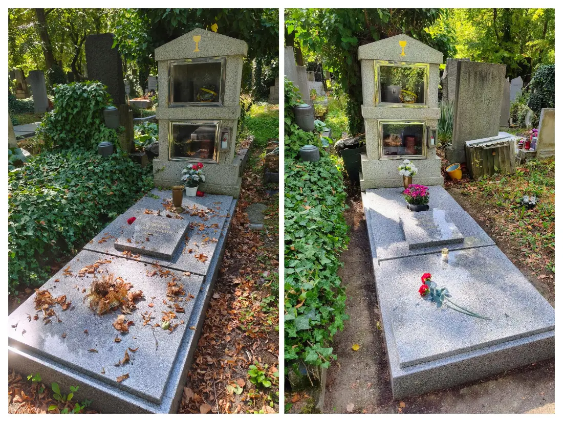 Čištění hrobu AKEMI přípravky – před a po