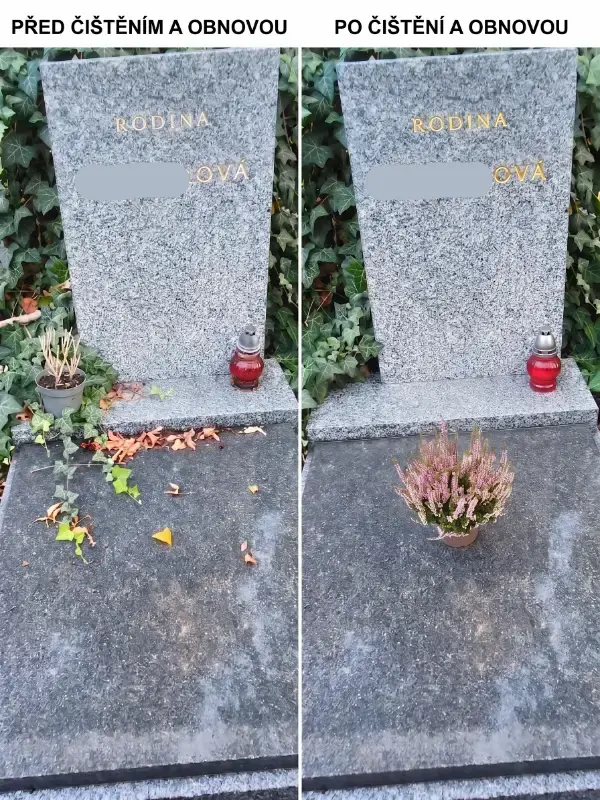 Vyčištěný hrob po údržbě a obnově písma na Olšanských hřbitovech v Praze